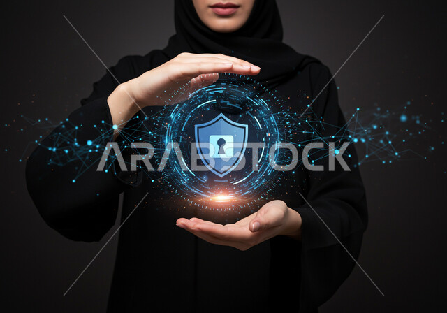 مفهوم الامن السيبراني، خطوط الاتصال والبرمجة الحاسوبية، حماية المعلومات وتأمينها من الهجمات، عناصر ورموز هولوجراميه ثلاثية الابعاد لقفل الأمان، بورتريه مقرب لامرأة عربية خليجية سعودية محجبة ترتدي عباءة سوداء تقوم بعرض عنصر هولوجرامي مضيء، خلفية سوداء