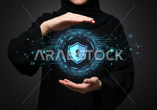 Communication lines and computer programming, information protection and security from attacks, 3D holographic elements and symbols for security lock, cyber security concept, close-up portrait of a veiled Saudi Arabian Gulf woman wearing a black abaya displaying a luminous holographic element, black background