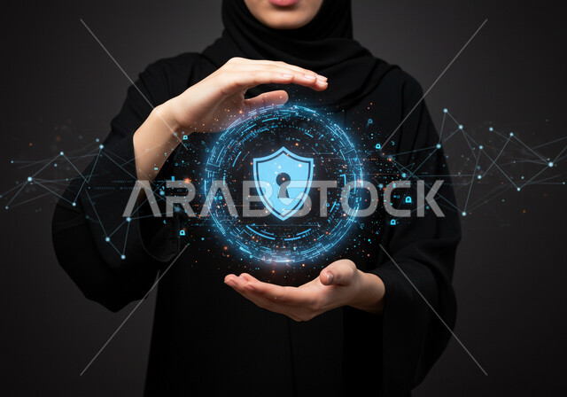 Protecting and securing information from attacks, 3D holographic elements and symbols for security lock, cyber security concept, communication lines and computer programming, close-up portrait of a veiled Saudi Arabian Gulf woman wearing a black abaya displaying a luminous holographic element, black background