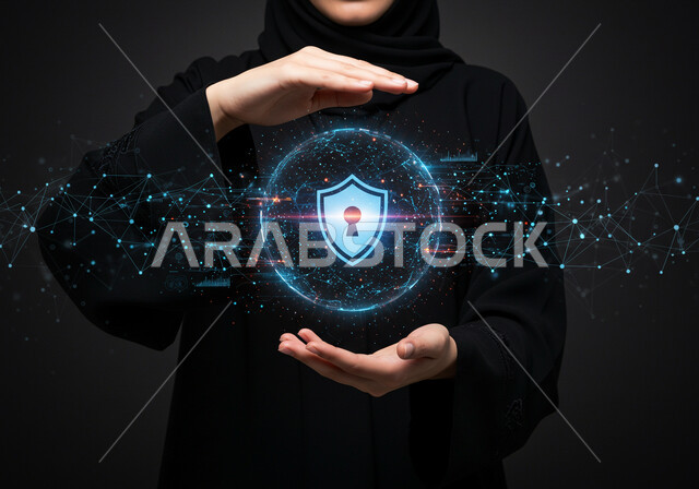 تأمين المعلومات وحمايتها من الهجمات، عناصر ورموز هولوجراميه ثلاثية الابعاد لقفل الأمان، مفهوم الامن السيبراني، خطوط الاتصال والبرمجة الحاسوبية، بورتريه مقرب لامرأة عربية خليجية سعودية محجبة ترتدي عباءة سوداء تقوم بعرض عنصر هولوجرامي مضيء، خلفية سوداء