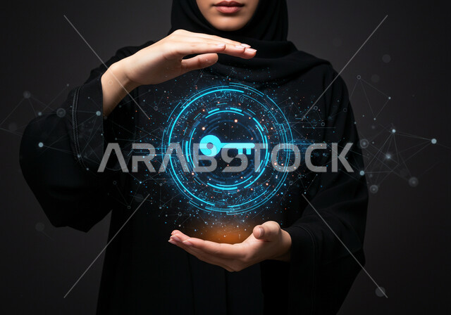 رموز وعناصر هولوجراميه ثلاثية الابعاد لقفل الأمان، مفهوم الامن السيبراني، خطوط الاتصال والبرمجة الحاسوبية، تأمين المعلومات وحمايتها من الهجمات، بورتريه مقرب لامرأة عربية خليجية سعودية محجبة ترتدي عباءة سوداء تقوم بعرض عنصر هولوجرامي مضيء، خلفية سوداء