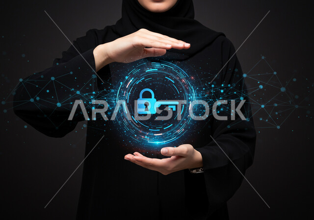 مفهوم الامن السيبراني، خطوط الاتصال والبرمجة الحاسوبية، تأمين المعلومات وحمايتها من الهجمات، بورتريه مقرب لامرأة عربية خليجية سعودية محجبة ترتدي عباءة سوداء تقوم بعرض عنصر هولوجرامي مضيء، رموز وعناصر هولوجراميه ثلاثية الابعاد لقفل الأمان، خلفية سوداء