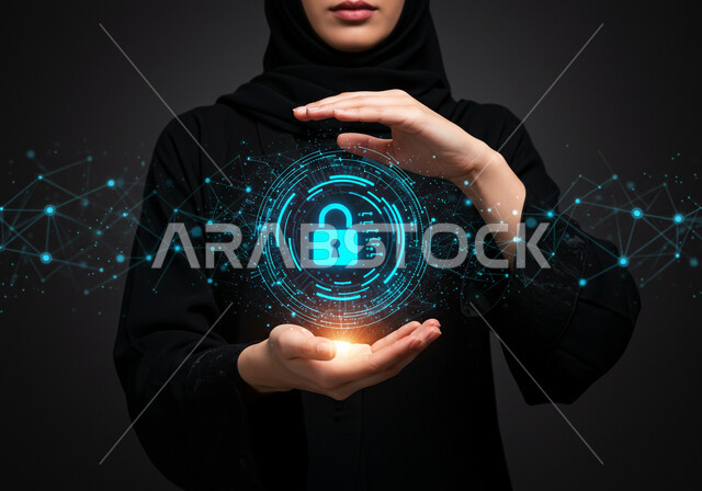 تأمين المعلومات وحمايتها من الهجمات، خطوط الاتصال والبرمجة الحاسوبية، بورتريه مقرب لامرأة عربية خليجية سعودية محجبة ترتدي عباءة سوداء تقوم بعرض عنصر هولوجرامي مضيء، مفهوم الامن السيبراني، رموز وعناصر هولوجراميه ثلاثية الابعاد لقفل الأمان، خلفية سوداء