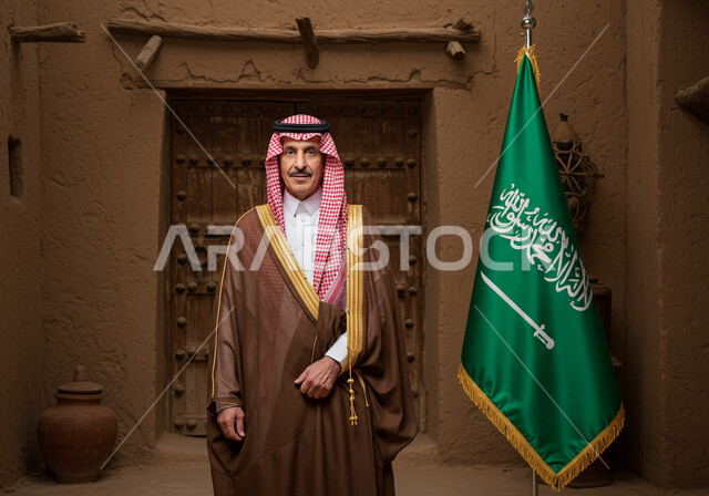 ذكرى تاسيس الدوله السعوديه الاولى ١٧٢٧ م،  يوم بدينا ٢٢ فبراير ، ارتداء الزي الشعبي في مناسبة وطنية، ، رجل عربي خليجي سعودي كبير بالسن يرتدي البشت والشماغ يقف في بيت من الطين وبجانبه علم المملكة العربية السعودية، اليوم الوطني السعودي 23 سبتمبر, يوم العلم 11 مارس