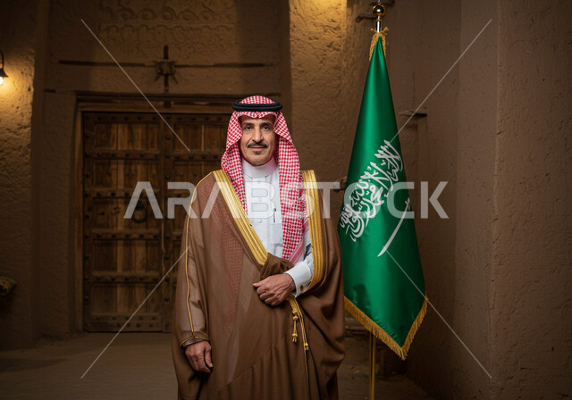 ذكرى تاسيس الدوله السعوديه الاولى ١٧٢٧ م،  يوم بدينا ٢٢ فبراير ، ارتداء الزي الشعبي في مناسبة وطنية، ، رجل عربي خليجي سعودي كبير بالسن يرتدي البشت والشماغ يقف في بيت من الطين وبجانبه علم المملكة العربية السعودية، اليوم الوطني السعودي 23 سبتمبر, يوم العلم 11 مارس