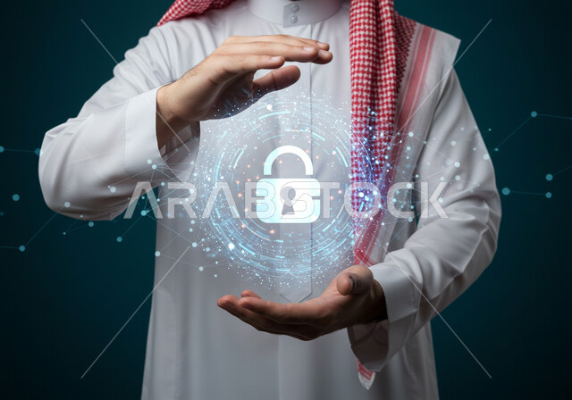Cyber ​​security concept, computer programming and communication lines, information preservation and protection from attacks, 3D holographic elements and symbols for security lock, close-up portrait of a Saudi Arabian Gulf man wearing traditional thobe and shemagh displaying a luminous holographic element, dark background