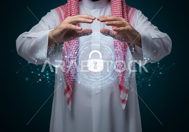 البرمجة الحاسوبية وخطوط الاتصال، الحفاظ على المعلومات وحمايتها من الهجمات، عناصر ورموز هولوجراميه ثلاثية الابعاد لقفل الأمان، مفهوم الامن السيبراني، بورتريه مقرب لرجل عربي خليجي سعودي يرتدي الثوب التقليدي والشماغ يقوم بعرض عنصر هولوجرامي مضيء، خلفية غامقة
