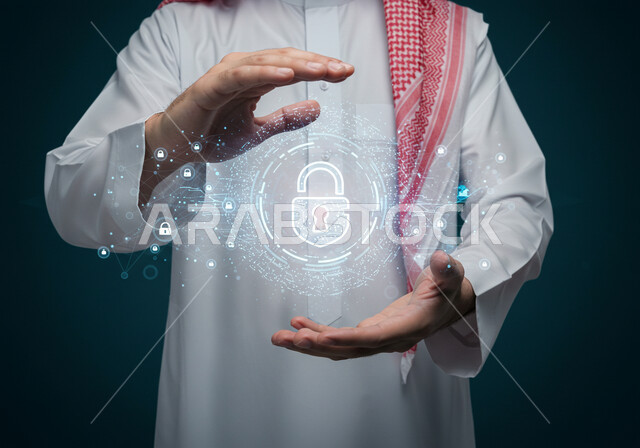 Communication lines and computer programming, information preservation and protection from attacks, 3D holographic elements and symbols for security lock, cyber security concept, close-up portrait of a Saudi Arabian Gulf man wearing traditional thobe and shemagh displaying a luminous holographic element, dark background