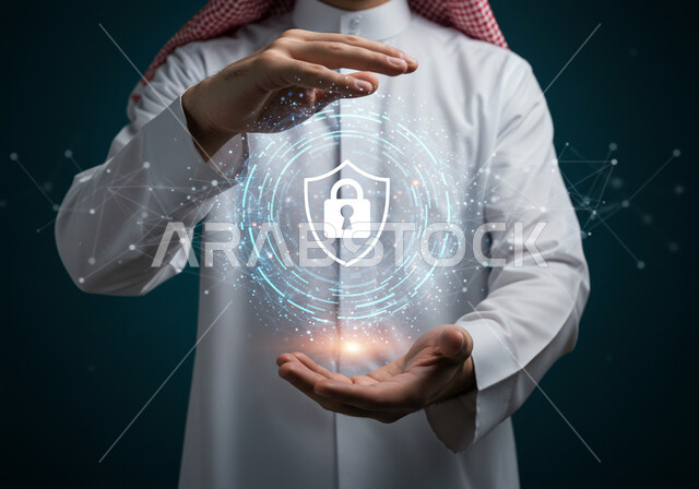 رموز وعناصر هولوجراميه ثلاثية الابعاد لقفل الأمان، مفهوم الامن السيبراني، خطوط الاتصال والبرمجة الحاسوبية، حماية المعلومات وتأمينها من الهجمات، بورتريه مقرب لرجل عربي خليجي سعودي يرتدي الثوب التقليدي والشماغ يقوم بعرض عنصر هولوجرامي مضيء، خلفية غامقة