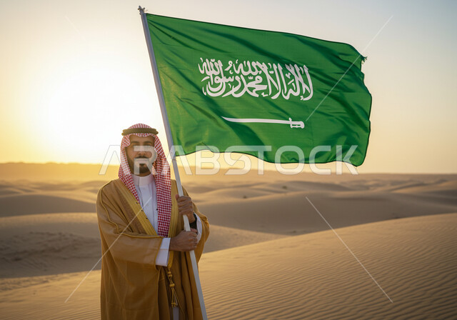 Our day is February 22, wearing traditional dress on a national occasion, a Saudi Arabian Gulf man wearing a bisht and shemagh stands on the golden sands of the desert holding the flag of the Kingdom of Saudi Arabia, Saudi National Day September 23, Flag Day March 11, the anniversary of the founding of the first Saudi state 1727 AD