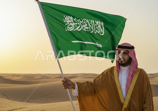 Anniversary of the founding of the first Saudi state 1727 AD, the day we started February 22, wearing the traditional costume on a national occasion, a Saudi Gulf Arab man wearing a bisht and a shemagh standing on the golden sands of the desert and holding the flag of the Kingdom of Saudi Arabia, Saudi National Day September 23, Flag Day March 11