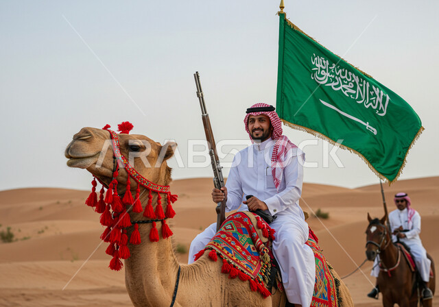 الاحتفال بالأعياد والمناسبات الوطنية، استذكار اليوم الوطني السعودي 23 سبتمبر، ذكرى يوم العلم 11 مارس, رجل عربي خليجي سعودي يرتدي الثوب التقليدي والشماغ يمتطي الجمل ويحمل بيده البندقية، علم المملكة العربية السعودية يرفرف في السماء، مفهوم الاعتزاز والفخر بالوطن
