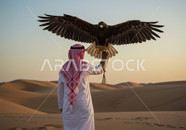 الرمال الذهبية الناعمة في الصحراء، توارث شغف تربية الجوارح, يوم بدينا 22 فبراير، ذكرى تأسيس الدوله السعوديه الاولى 1727 م, مكانة الصقور في التاريخ السعودي, رمز القوة والتحدي وحدة البصر, صورة من الخلف لرجل عربي خليجي سعودي يرتدي الثوب التقليدي والشماغ يحمل طائر الصقر