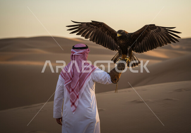 الرمال الذهبية الناعمة في الصحراء، توارث شغف تربية الجوارح, يوم بدينا 22 فبراير، ذكرى تأسيس الدوله السعوديه الاولى 1727 م, مكانة الصقور في التاريخ السعودي, رمز القوة والتحدي وحدة البصر, صورة من الخلف لرجل عربي خليجي سعودي يرتدي الثوب التقليدي والشماغ يحمل طائر الصقر