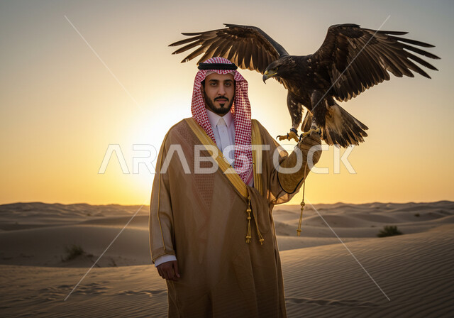 مكانة الصقور في التاريخ السعودي, رمز القوة والتحدي وحدة البصر, رجل عربي خليجي سعودي يرتدي الثوب التقليدي والبشت والشماغ يحمل طائر الصقر، الرمال الذهبية الناعمة في الصحراء، توارث شغف تربية الجوارح, يوم بدينا 22 فبراير، ذكرى تأسيس الدوله السعوديه الاولى 1727 م
