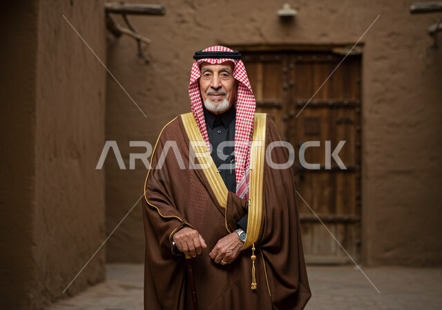 الاعتزاز بالهوية الوطنية السعودية، يوم بدينا 1727 م، شايب عربي خليجي سعودي يرتدي العقال والبشت التقليدي ينظر بإيماءات الفخر، ارتداء الأزياء الشعبية في ذكرى تأسيس الدولة السعودية الاولى 22 فبراير