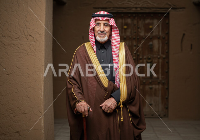 الاعتزاز بالهوية الوطنية السعودية، يوم بدينا 1727 م، شايب عربي خليجي سعودي يرتدي العقال والبشت التقليدي ينظر بإيماءات الفخر، ارتداء الأزياء الشعبية في ذكرى تأسيس الدولة السعودية الاولى 22 فبراير