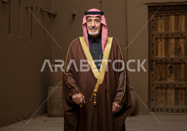 الاعتزاز بالهوية الوطنية السعودية، يوم بدينا 1727 م، شايب عربي خليجي سعودي يرتدي العقال والبشت التقليدي ينظر بإيماءات الفخر، ارتداء الأزياء الشعبية في ذكرى تأسيس الدولة السعودية الاولى 22 فبراير