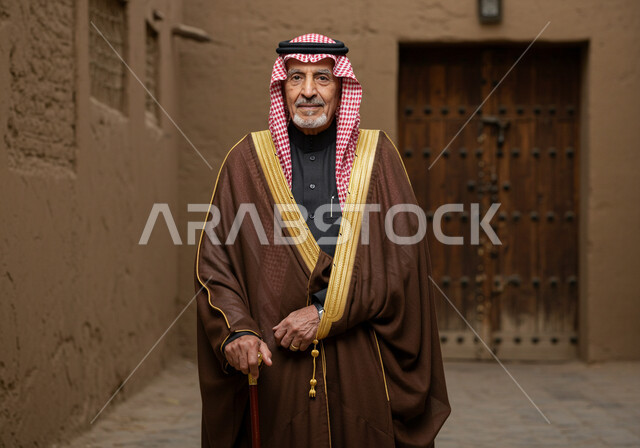 الاعتزاز بالهوية الوطنية السعودية، يوم بدينا 1727 م، شايب عربي خليجي سعودي يرتدي العقال والبشت التقليدي ينظر بإيماءات الفخر، ارتداء الأزياء الشعبية في ذكرى تأسيس الدولة السعودية الاولى 22 فبراير