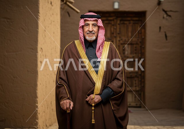 الاعتزاز بالهوية الوطنية السعودية، يوم بدينا 1727 م، شايب عربي خليجي سعودي يرتدي العقال والبشت التقليدي ينظر بإيماءات الفخر، ارتداء الأزياء الشعبية في ذكرى تأسيس الدولة السعودية الاولى 22 فبراير