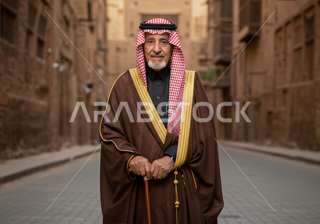 الاعتزاز بالهوية الوطنية السعودية، يوم بدينا 1727 م، شايب عربي خليجي سعودي يرتدي العقال والبشت التقليدي ينظر بإيماءات الفخر، ارتداء الأزياء الشعبية في ذكرى تأسيس الدولة السعودية الاولى 22 فبراير