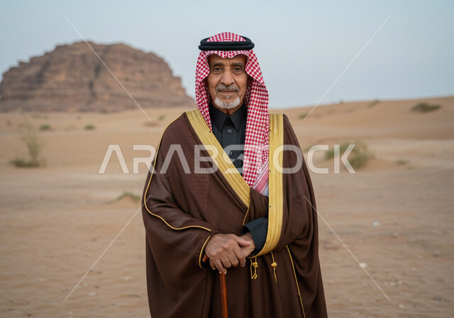 ارتداء الأزياء الشعبية في ذكرى تأسيس الدولة السعودية الاولى 22 فبراير, يوم بدينا 1727 م، الاعتزاز بالهوية الوطنية السعودية، شايب عربي خليجي سعودي يرتدي العقال والبشت التقليدي يقف على الرمال في الصحراء وينظر بإيماءات الفخر