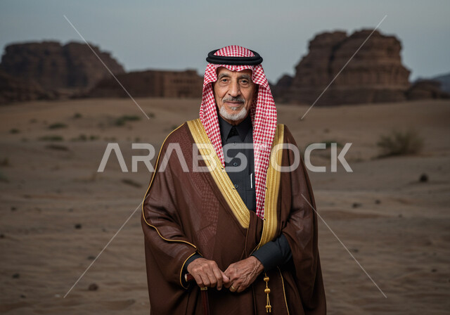 ارتداء الأزياء الشعبية في ذكرى تأسيس الدولة السعودية الاولى 22 فبراير, يوم بدينا 1727 م، الاعتزاز بالهوية الوطنية السعودية، شايب عربي خليجي سعودي يرتدي العقال والبشت التقليدي يقف على الرمال في الصحراء وينظر بإيماءات الفخر