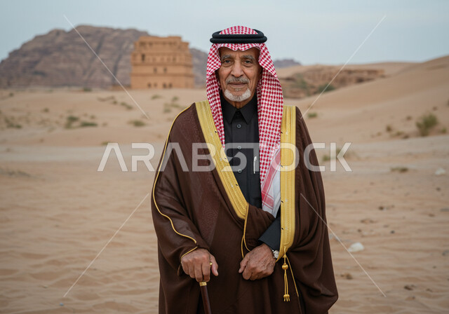 ارتداء الأزياء الشعبية في ذكرى تأسيس الدولة السعودية الاولى 22 فبراير, يوم بدينا 1727 م، الاعتزاز بالهوية الوطنية السعودية، شايب عربي خليجي سعودي يرتدي العقال والبشت التقليدي يقف على الرمال في الصحراء وينظر بإيماءات الفخر