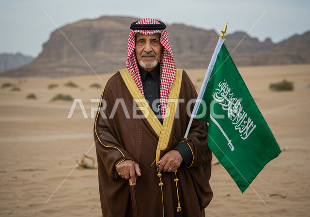 ارتداء الأزياء الشعبية في ذكرى تأسيس الدولة السعودية الاولى 22 فبراير, يوم بدينا 1727 م، الاعتزاز بالهوية الوطنية، شايب عربي خليجي سعودي يرتدي العقال والبشت التقليدي يقف في الصحراء ويحمل علم المملكة بإيماءات الفخر