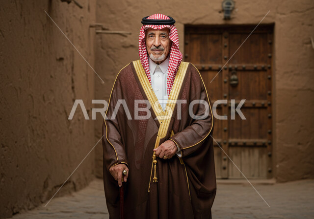 ارتداء الأزياء الشعبية في ذكرى تأسيس الدولة السعودية الاولى 22 فبراير, يوم بدينا 1727 م، الاعتزاز بالهوية الوطنية، شايب عربي خليجي سعودي يرتدي العقال والبشت التقليدي يقف وينظر بايماءات الفخر 