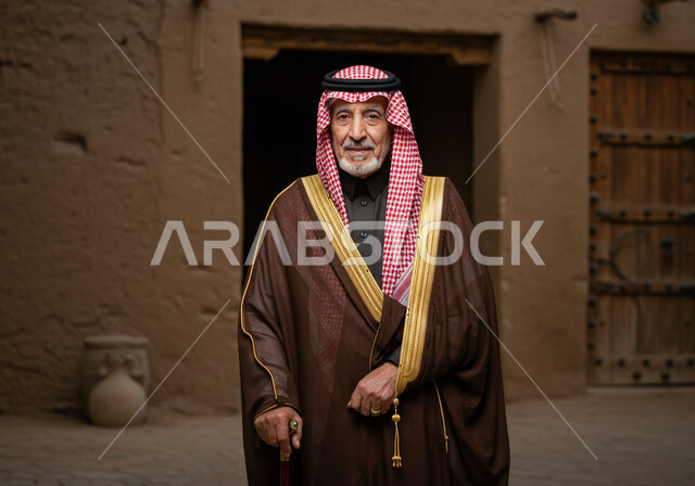 ارتداء الأزياء الشعبية في ذكرى تأسيس الدولة السعودية الاولى 22 فبراير, يوم بدينا 1727 م، الاعتزاز بالهوية الوطنية، شايب عربي خليجي سعودي يرتدي العقال والبشت التقليدي يقف وينظر بايماءات الفخر 