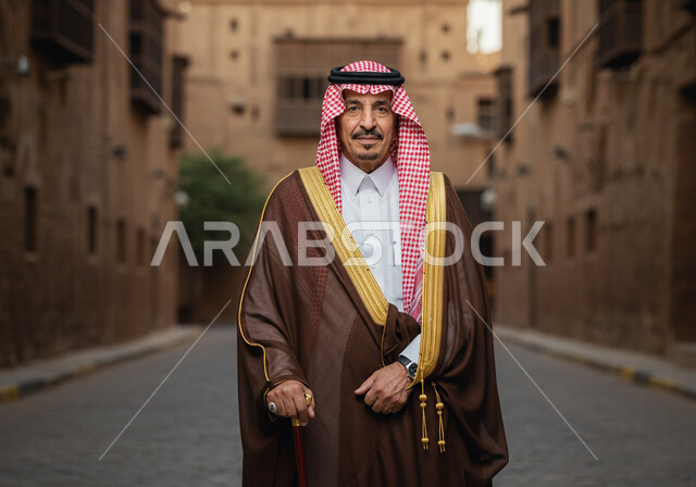  ذكرى تاسيس الدوله السعوديه الاولى ١٧٢٧ م، خلفية رمادي, الاحتفال بالمناسبات الوطنية, رجل عربي خليجي سعودي يرتدي الثوب والشماغ ويضع البشت ينظر بايماءات الحب والاعتزاز بالوطن, يوم بدينا ٢٢ فبراير