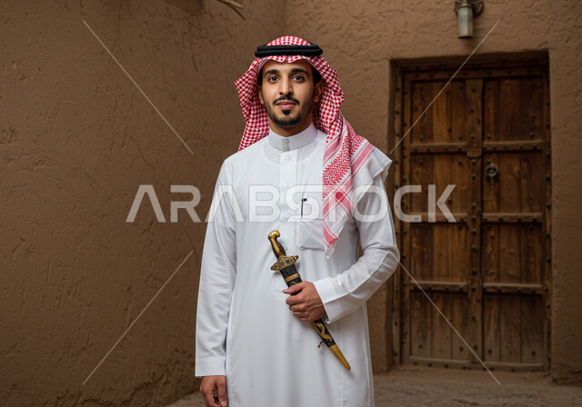  يوم بدينا ٢٢ فبراير ، ذكرى تاسيس الدوله السعوديه الاولى ١٧٢٧ م، رجل عربي خليجي سعودي يرتدي الثوب والشماغ  يحمل خنجر بيده, النظر الى الكاميرا بايماءات الفخر والاعتزاز