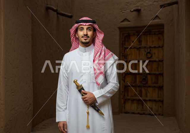  يوم بدينا ٢٢ فبراير ، ذكرى تاسيس الدوله السعوديه الاولى ١٧٢٧ م، رجل عربي خليجي سعودي يرتدي الثوب والشماغ  يحمل خنجر بيده, النظر الى الكاميرا بايماءات الفخر والاعتزاز