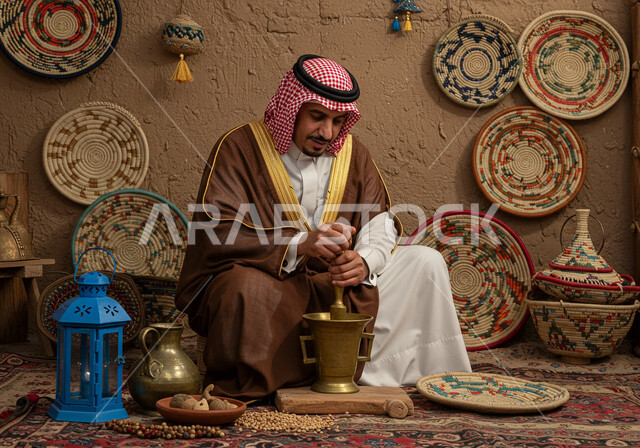ذكرى تأسيس الدولة السعودية الأولى 1727م,  المحافظة على التراث السعودي، يوم بدينا 22 فبراير, رجل عربي خليجي سعودي يرتدي الثوب والبشت يجلس على بساط شعبي يقوم بطحن حبوب البن في النجر النحاسي