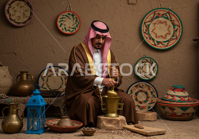 ذكرى تأسيس الدولة السعودية الأولى 1727م,  المحافظة على التراث السعودي، يوم بدينا 22 فبراير, رجل عربي خليجي سعودي يرتدي الثوب والبشت يجلس على بساط شعبي يقوم بطحن حبوب البن في النجر النحاسي