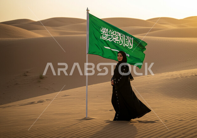 ذكرى تأسيس الدولة السعودية الأولى 1727م,  المحافظة على التراث السعودي، يوم بدينا 22 فبراير, حب الوطن والانتماء إليه، سيدة عربية خليجية سعودية ترتدي الحجاب والعباءة تقف وسط الصحراء وبجانبها علم المملكة