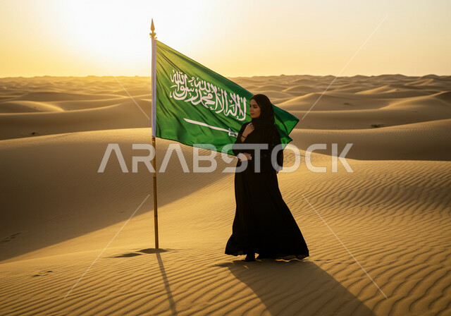 ذكرى تأسيس الدولة السعودية الأولى 1727م,  المحافظة على التراث السعودي، يوم بدينا 22 فبراير, حب الوطن والانتماء إليه، سيدة عربية خليجية سعودية ترتدي الحجاب والعباءة تقف وسط الصحراء وبجانبها علم المملكة