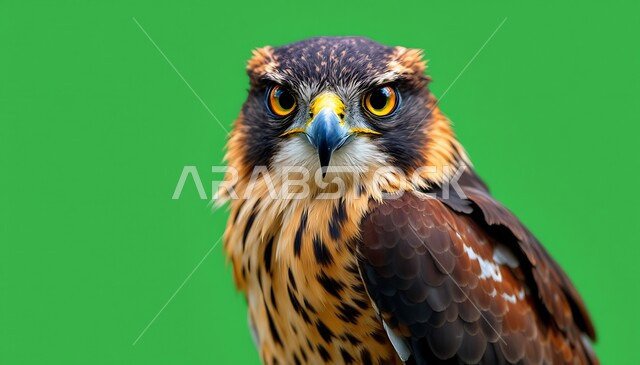 ترويض وتدريب الطيور الجارحة والمفترسة، إقامة نادي الصقور في موسم الصيد السنوي في المملكة العربية السعودية، رمز القوة والتحدي وحدة البصر، صورة مقربة لطائر الصقر، الفخر بالتراث السعودي العريق، خلفية خضراء، كروما