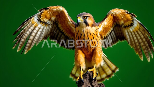 طائر الصقر يحلق في السماء، إقامة نادي الصقور في موسم الصيد السنوي في المملكة العربية السعودية، ترويض وتدريب الطيور الجارحة والمفترسة،  رمز القوة والتحدي وحدة البصر، الفخر بالتراث السعودي العريق، خلفية خضراء، كروما