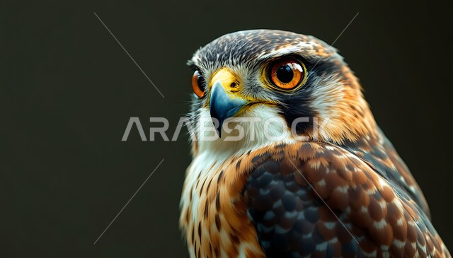 رمز القوة والتحدي وحدة البصر، إقامة نادي الصقور في موسم الصيد السنوي في المملكة العربية السعودية، ترويض وتدريب الطيور الجارحة والمفترسة، صورة مقربة لطائر الصقر، الفخر بالتراث السعودي العريق، خلفية سوداء