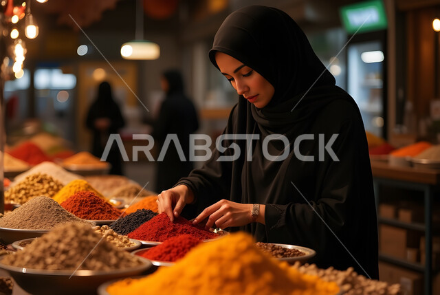 تعابير وجه تدل على التركيز بالتسوق في الاسواق الشعبية, سيدة عربية خليجية سعودية ترتدي العباءة والحجاب تقوم باختيار أفضل أنواع البهارات من محلات التوابل في المملكة