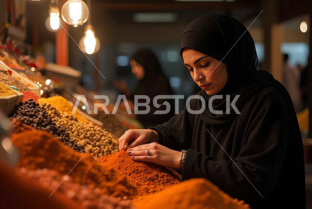 تعابير وجه تدل على التركيز بالتسوق في الاسواق الشعبية, سيدة عربية خليجية سعودية ترتدي العباءة والحجاب تقوم باختيار أفضل أنواع البهارات من محلات التوابل في المملكة