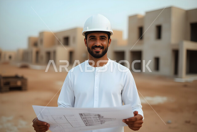 الاهتمام بالتطور العمراني, مهندس عربي خليجي اماراتي مبتسم يرتدي الكندورة وخوذة الحماية البيضاء ينظر إلى الكاميرا بإيماءات الثقة والسرور ويحمل بيده مخطط البناء, العمل في مقر الإنشاءات نهارا