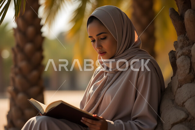 مفهوم الثقافة والاطلاع والتعلم الذاتي, إمرأة عربية خليجية سعودية ترتدي العباءة والحجاب  تقوم بالقراءة والمطالعة في الهواء الطلق, الشغف بممارسة الهوايات المفيدة, الأنشطة الترفيهية الثقافية