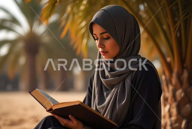 مفهوم الثقافة والاطلاع والتعلم الذاتي, إمرأة عربية خليجية سعودية ترتدي العباءة والحجاب  تقوم بالقراءة والمطالعة في الهواء الطلق, الشغف بممارسة الهوايات المفيدة, الأنشطة الترفيهية الثقافية