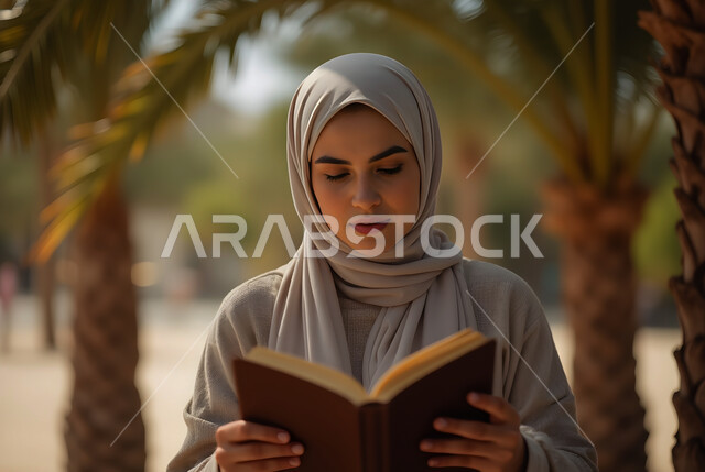 مفهوم الثقافة والاطلاع والتعلم الذاتي, إمرأة عربية خليجية سعودية ترتدي العباءة والحجاب  تقوم بالقراءة والمطالعة في الهواء الطلق, الشغف بممارسة الهوايات المفيدة, الأنشطة الترفيهية الثقافية