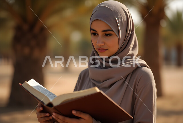 مفهوم الثقافة والاطلاع والتعلم الذاتي, إمرأة عربية خليجية سعودية ترتدي العباءة والحجاب  تقوم بالقراءة والمطالعة في الهواء الطلق, الشغف بممارسة الهوايات المفيدة, الأنشطة الترفيهية الثقافية