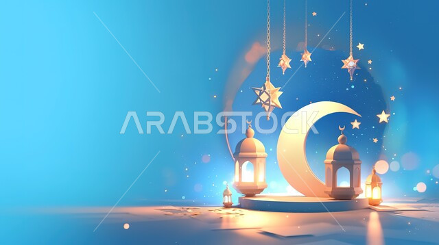 قالب تصميم رمضاني, التهنئة بقدوم شهر رمضان الكريم، فانوس وهلال مضيء، خلفية دينية اسلامية, تصاميم ثلاثية الابعاد, خلفية زرقاء
