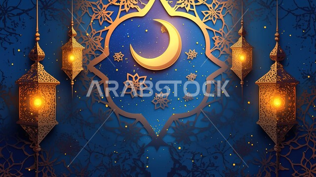 Ramadan design template, congratulations on the advent of the holy month of Ramadan, luminous lantern and crescent, Islamic religious background, 3D designs, blue background